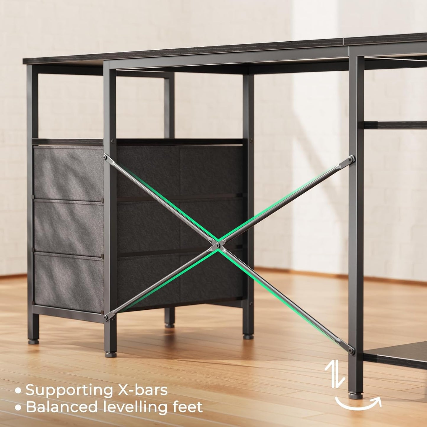 L Shaped Desk with Power Outlets, Computer Desk with 3 Drawers, 47