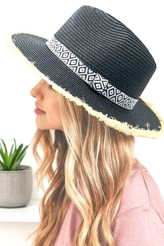 Raw Edge Aztec Hatband Straw Fedora