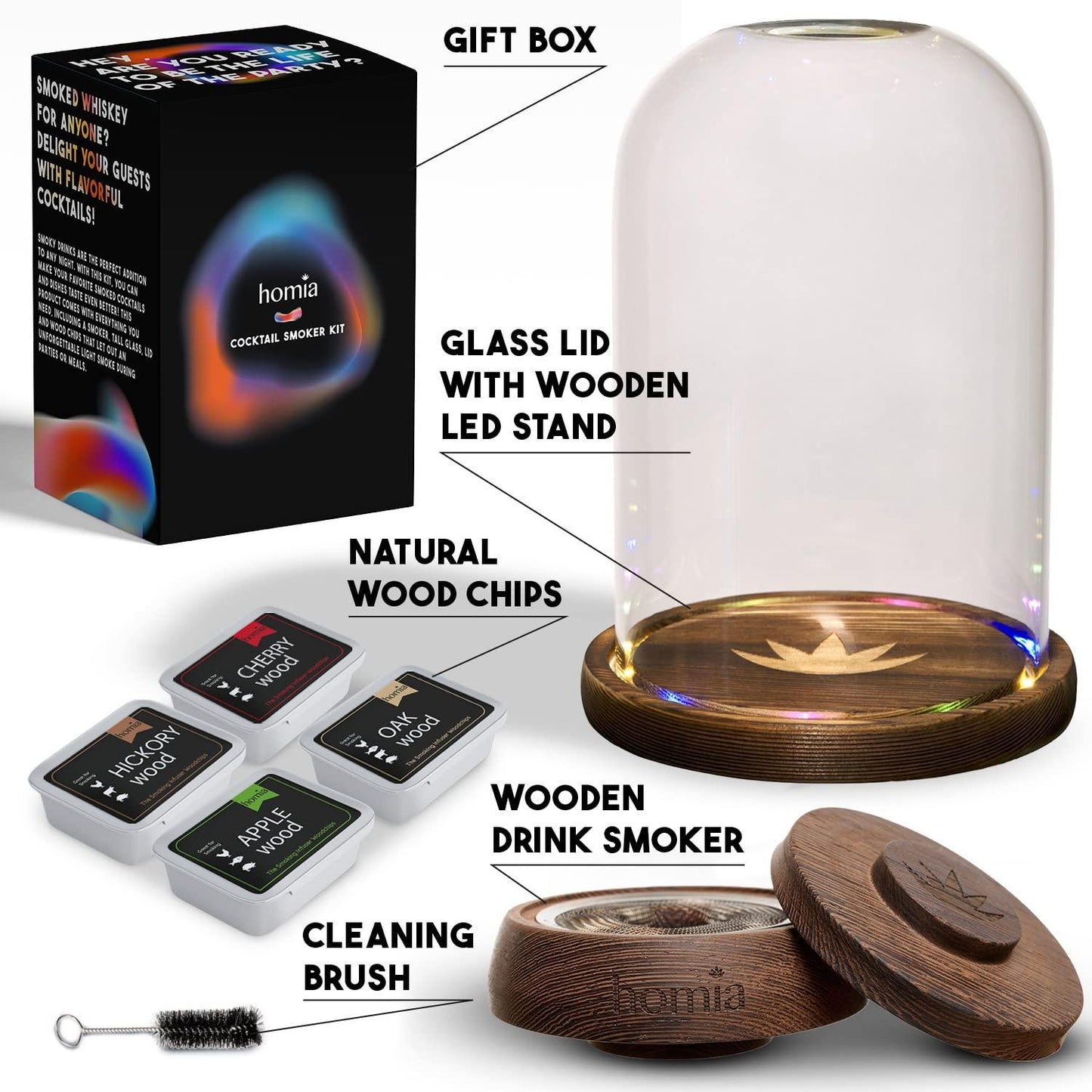 Cocktail Smoker Kit with LED Wooden Base and Tall Glass Dome 8.5 x