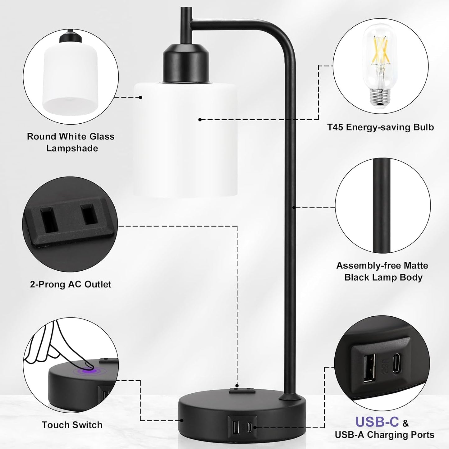 Industrial Touch Bedside Lamps for Bedrooms Set of 2 - 3-Way Dimmable