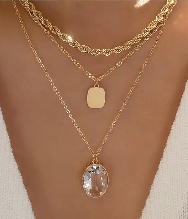 FACET STONE PENDANT 3 LAYER NECKLACE