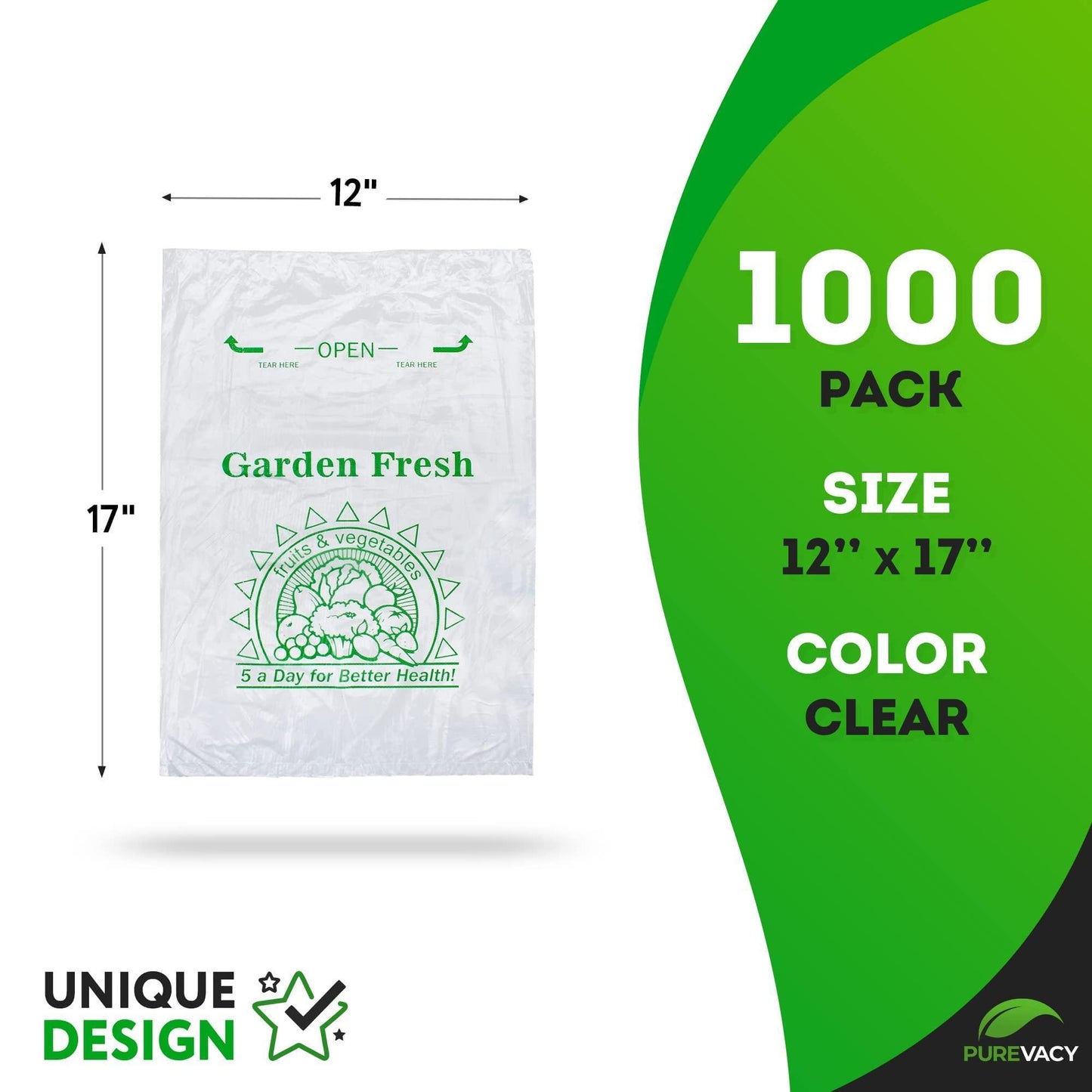 PUREVACY Food Plastic Produce Bags Roll 12 x 17. Roll of 1000 Plastic