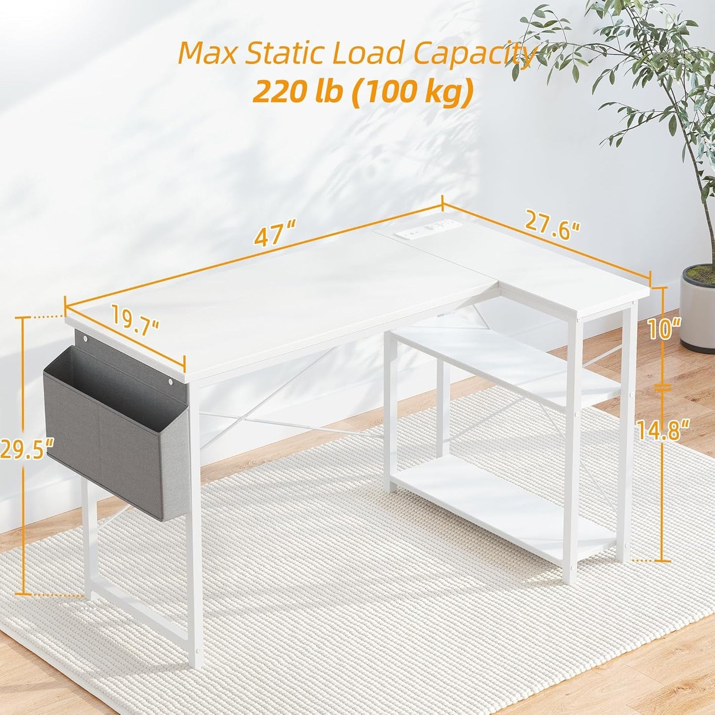 L Shaped Computer Desk with Power Outlets, 47 Inch Small Corner Desk