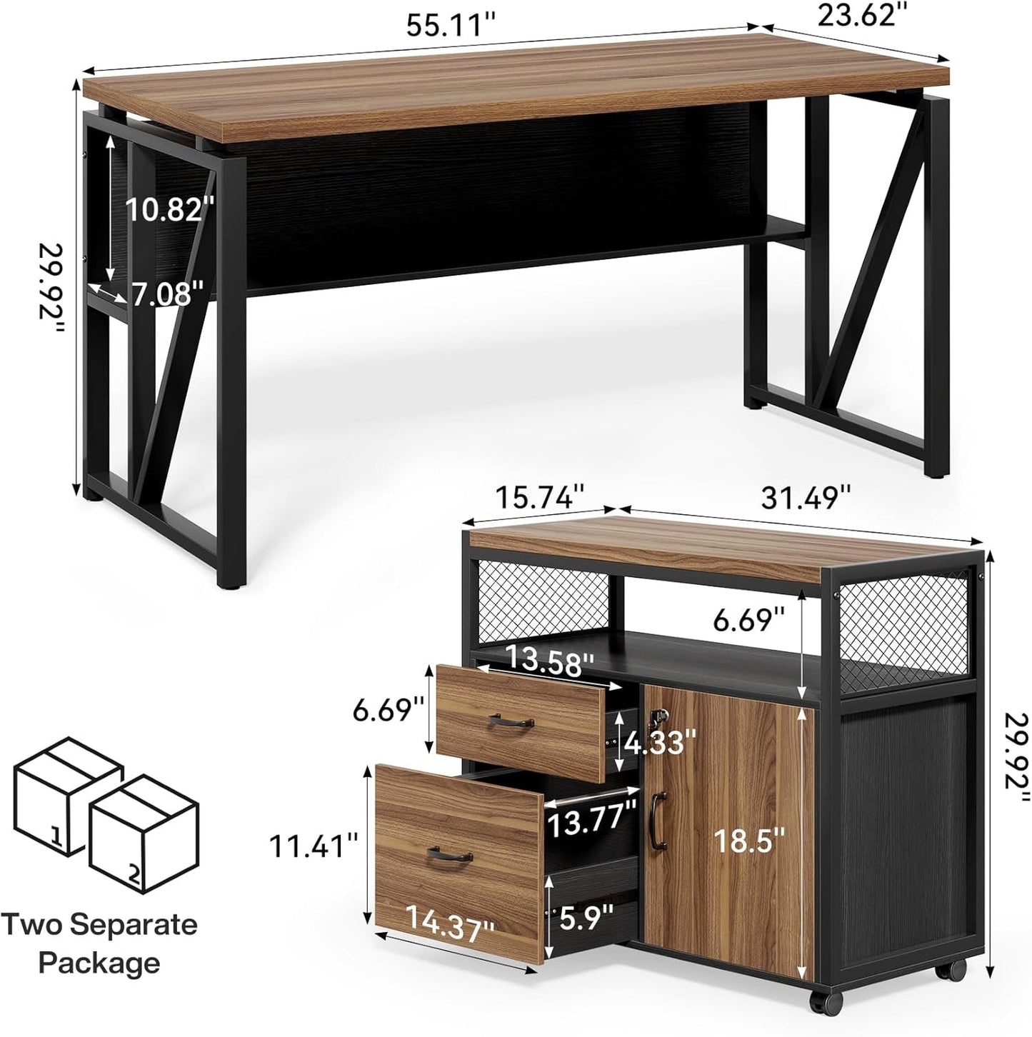55" Executive Computer Desk and Lateral File Cabinet, L-Shaped Office