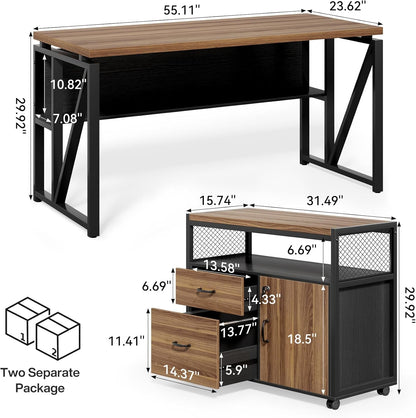 55" Executive Computer Desk and Lateral File Cabinet, L-Shaped Office