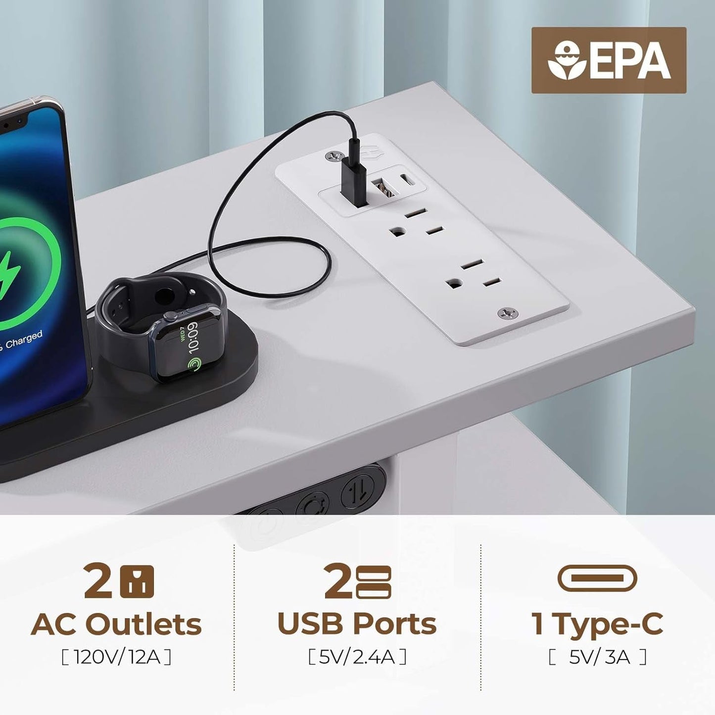 Computer Desk 47.2" with LED Lights & Power Outlets, Home Office Desk