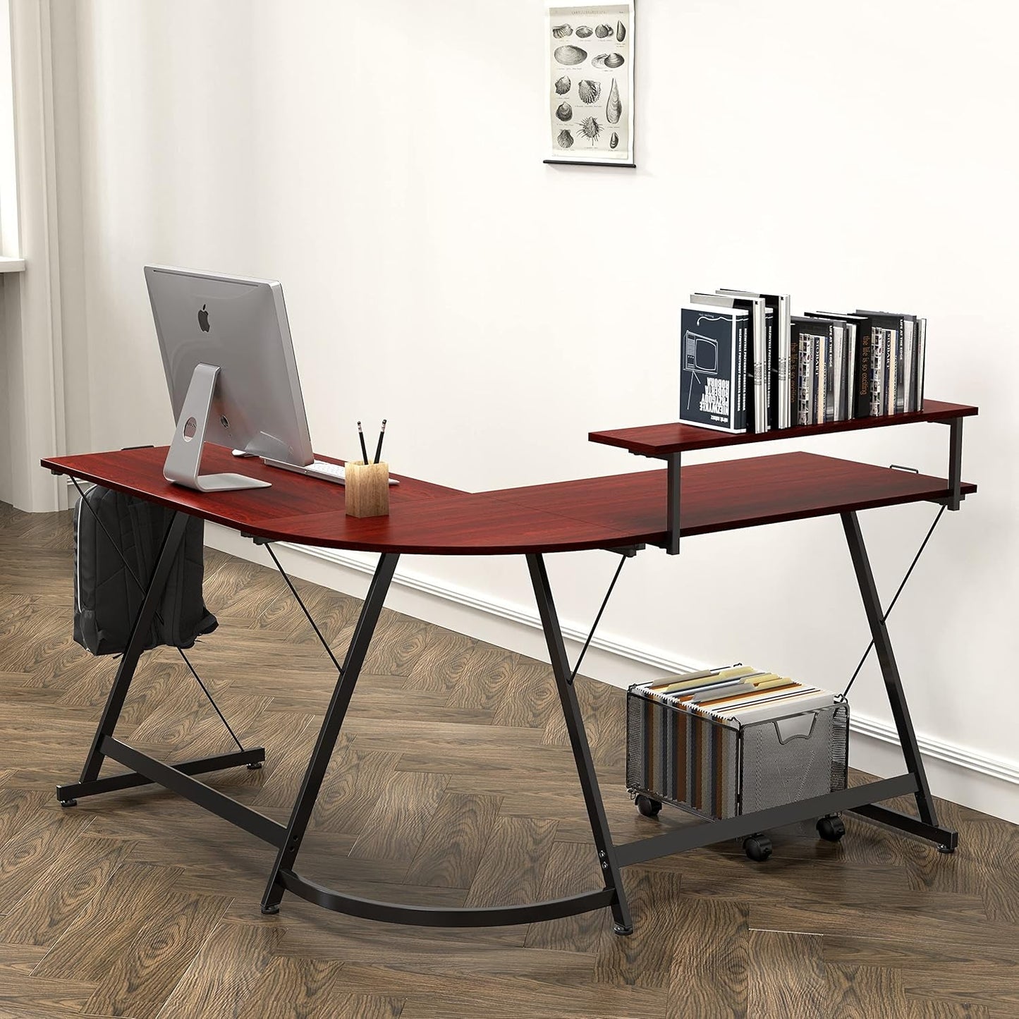 Vista L-Shape Desk with Monitor Stand, Cherry