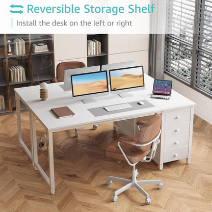 55" White Computer Desk with Fabric Drawer