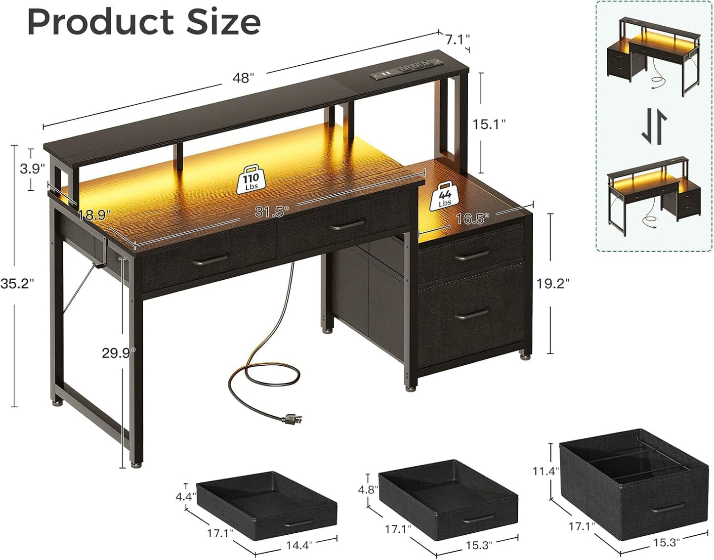 48-Inch Computer Desk with Power Outlets and LED Lights, Gaming Desk