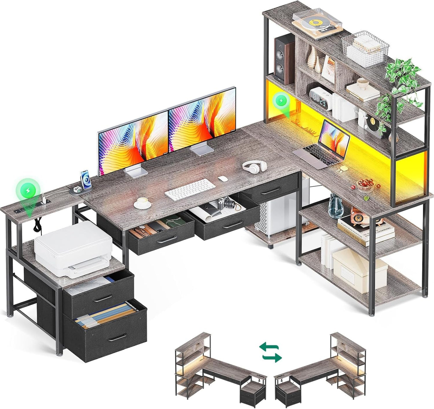 79 Inch L Shaped Desk with File Drawers, Reversible L Shaped Gaming
