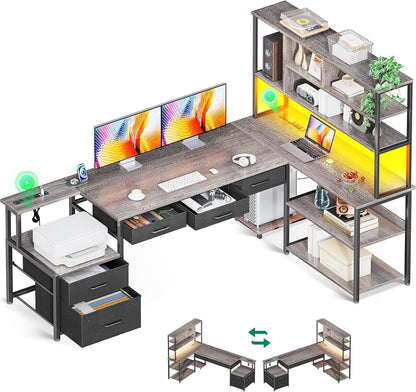 79 Inch L Shaped Desk with File Drawers, Reversible L Shaped Gaming