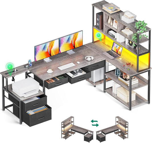 79 Inch L Shaped Desk with File Drawers, Reversible L Shaped Gaming