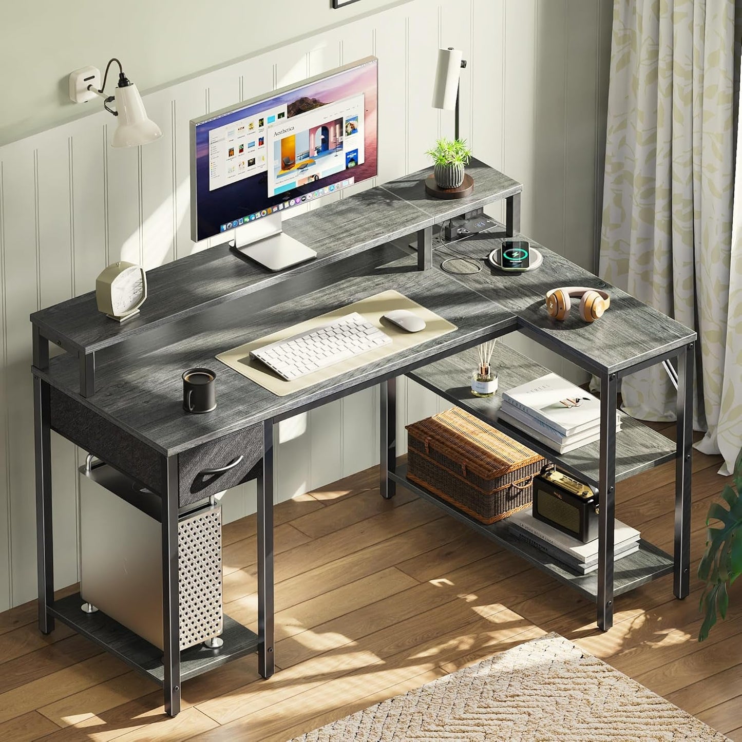 47 Inch Reversible L Shaped Desk with LED Lights & Power Outlets,