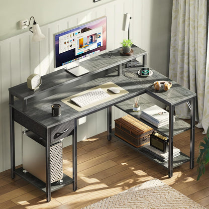 47 Inch Reversible L Shaped Desk with LED Lights & Power Outlets,