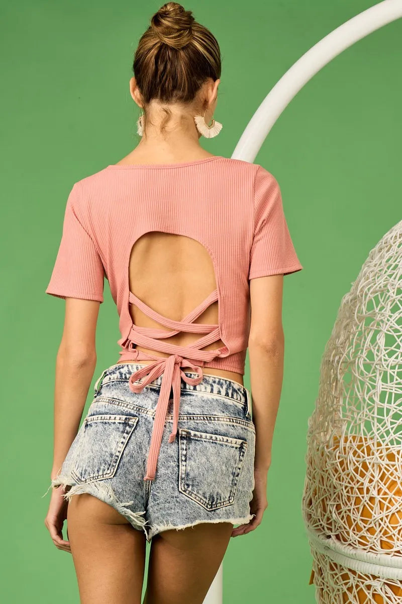 BiBi Rib Knit with Back Cross and Tied Detailed Top