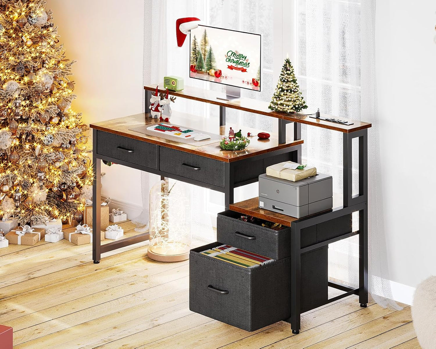 48-Inch Computer Desk with Fabric File Cabinet and Fabric Drawers,