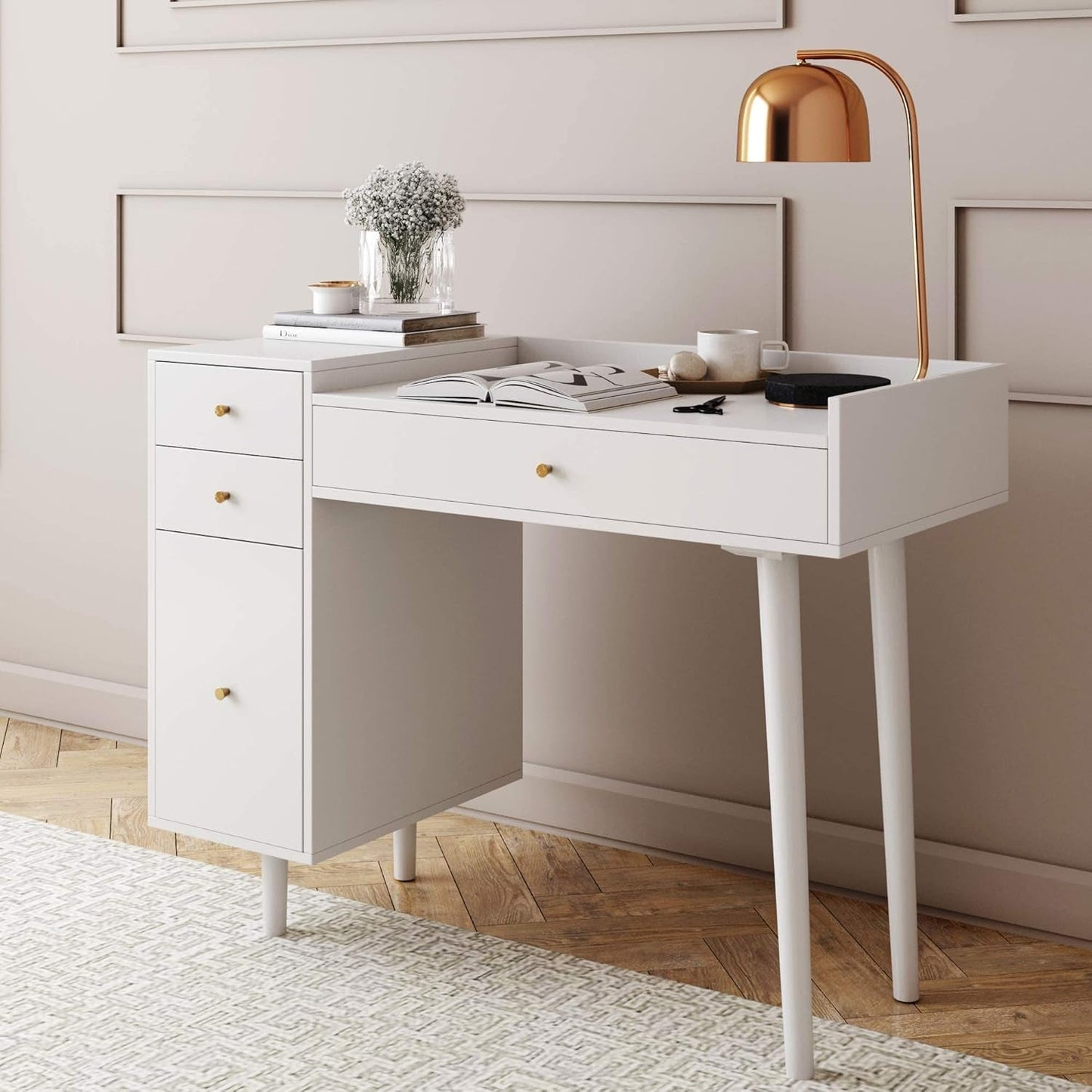 Daisy Vanity Dressing Table or Makeup Desk with 4-Drawers and Brass