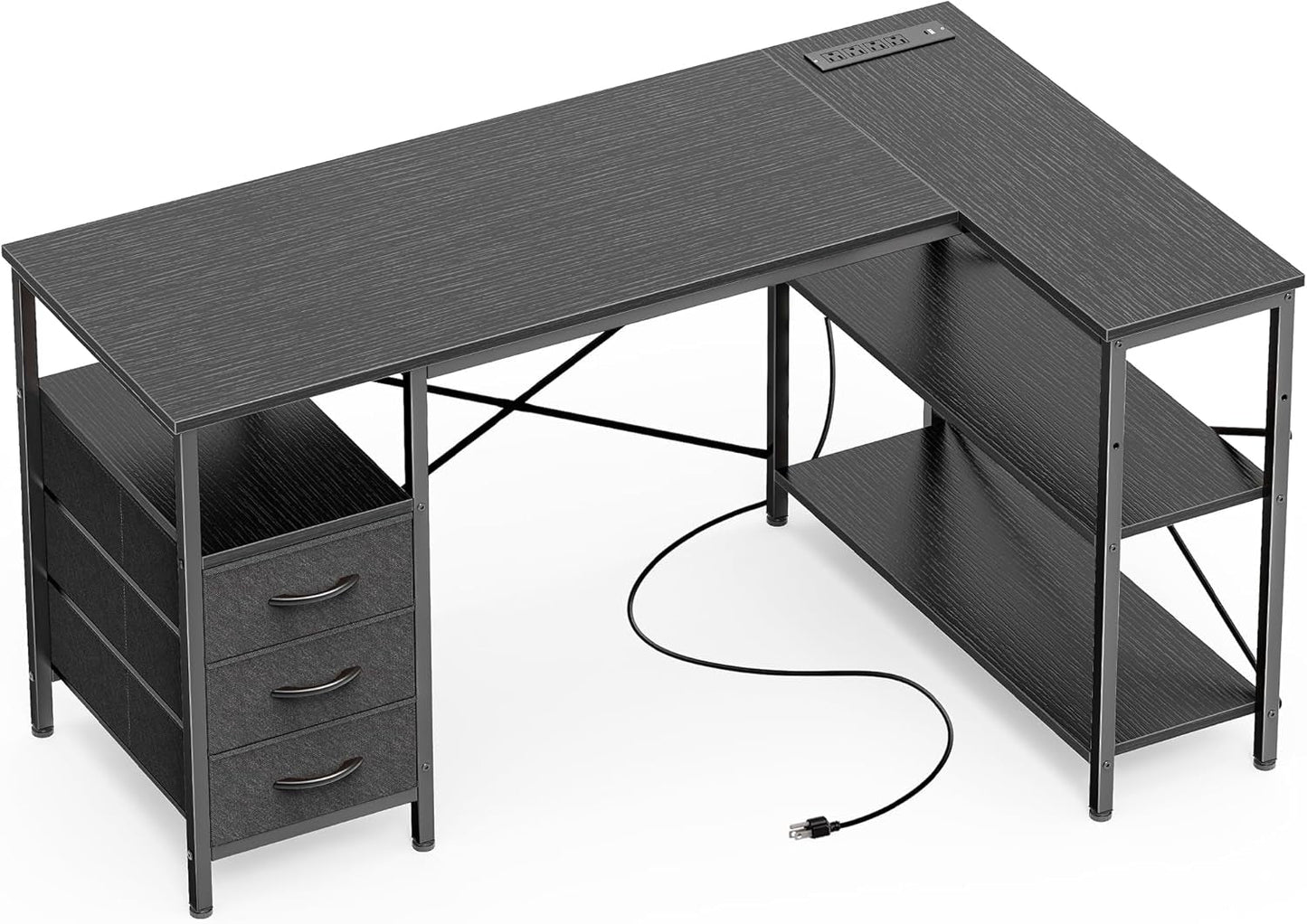 L Shaped Desk with Power Outlets, Computer Desk with 3 Drawers, 47