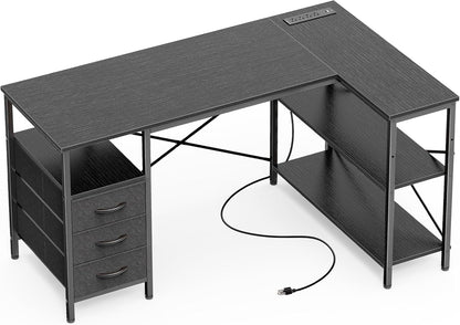 L Shaped Desk with Power Outlets, Computer Desk with 3 Drawers, 47