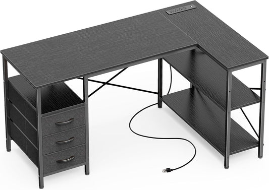 L Shaped Desk with Power Outlets, Computer Desk with 3 Drawers, 47