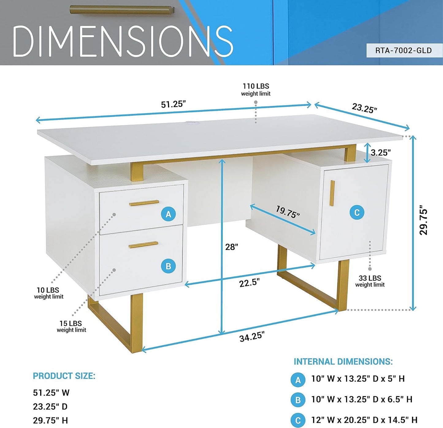 51" White Gold Desk with Storage Cabinet
