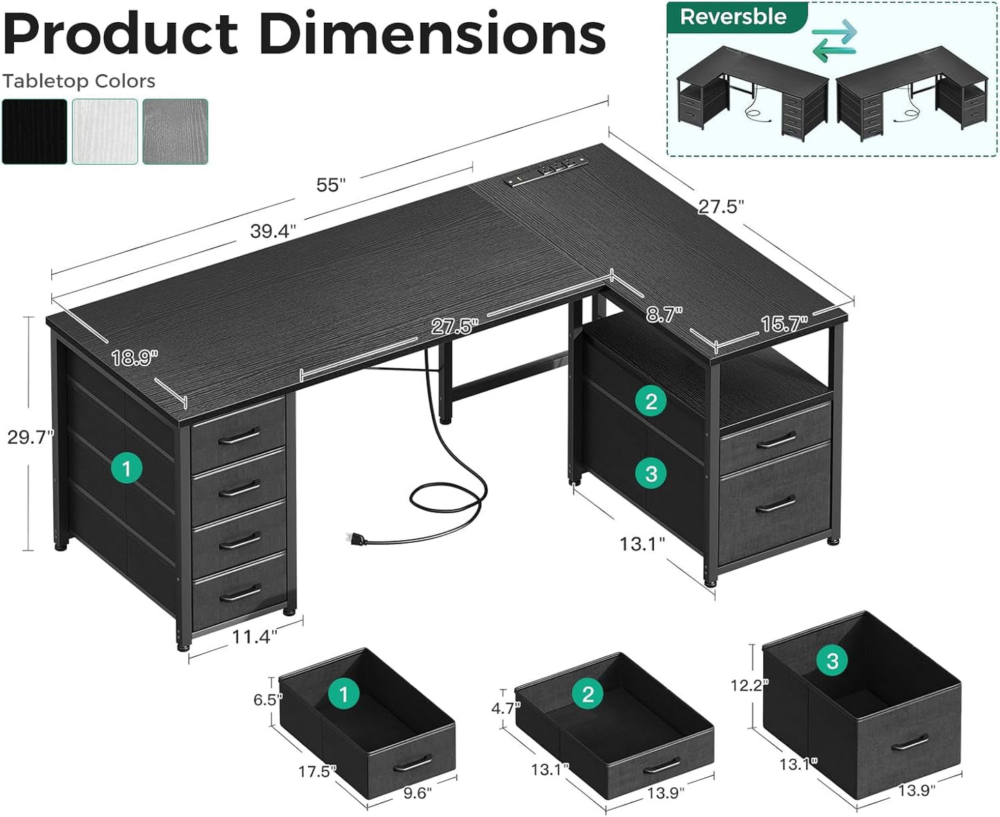 L Shaped Computer Desk with 6 Drawers & Power Outlet, 55 Inch Corner