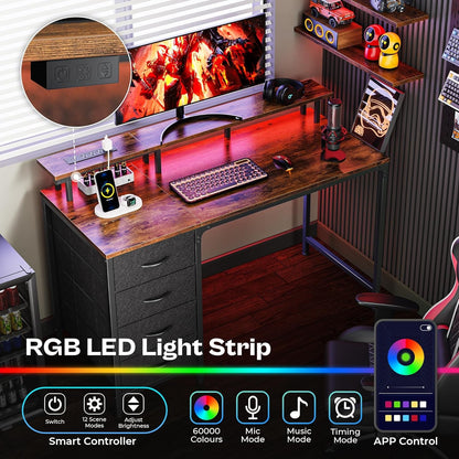 47 Inch Computer Desk with Power Outlets and LED Lights, Gaming Desk