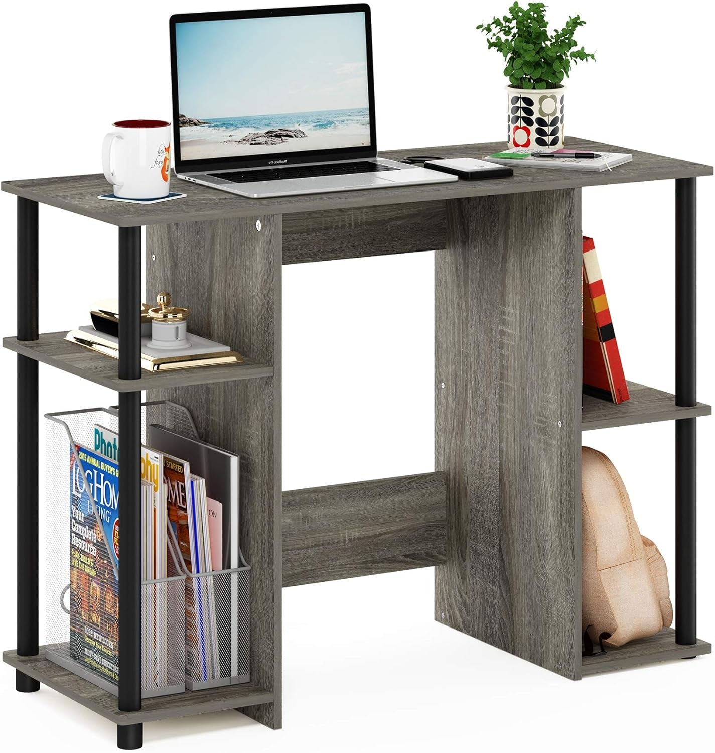 Jaya Computer Study Desk with Open Storage, French Oak Grey/Black