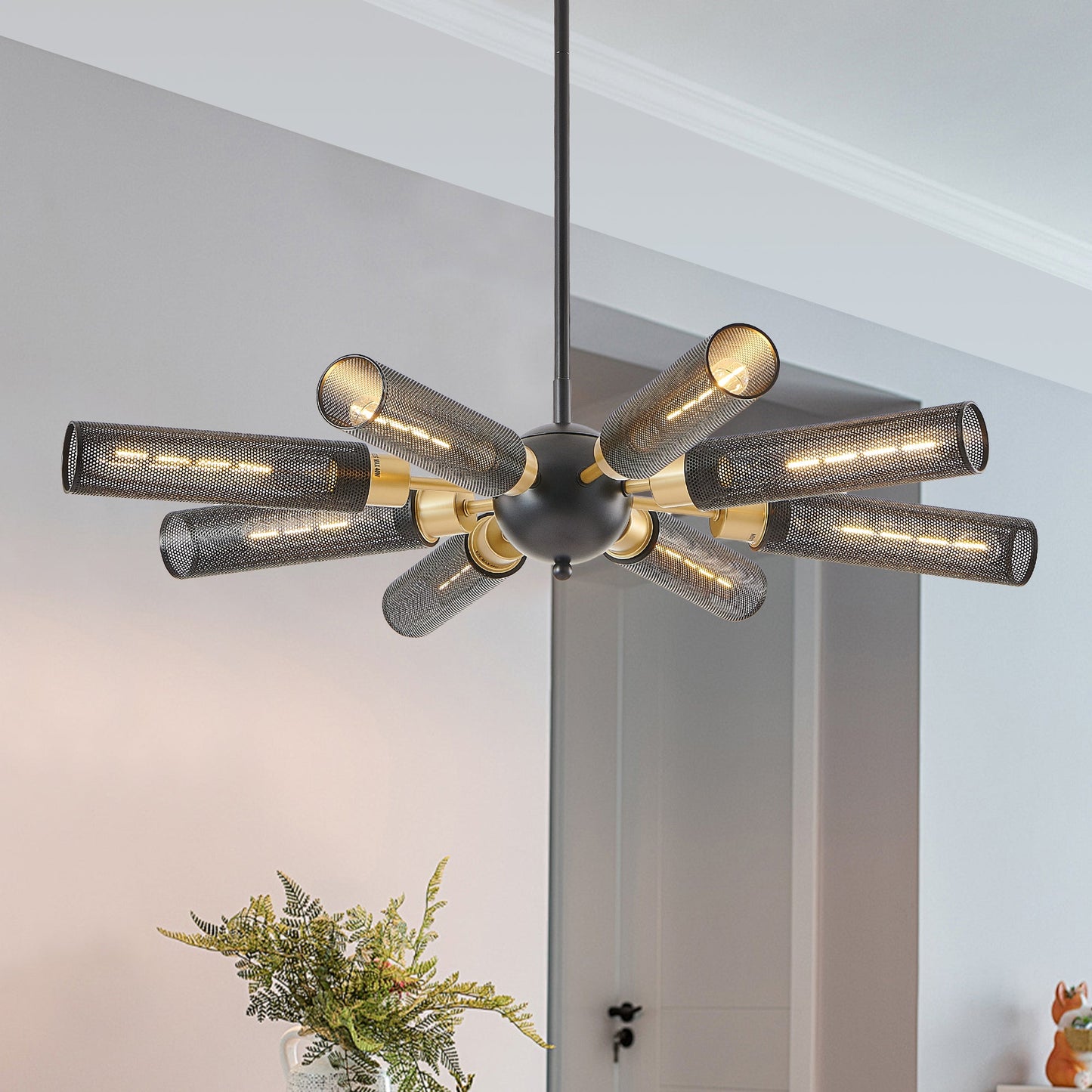 Modern Industrial Sputnik Chandelier, 8-Light Black and Gold Metal