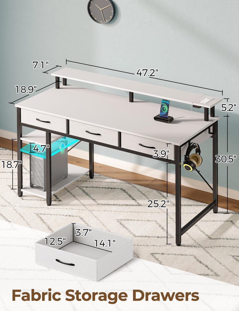 Computer Desk with Power Outlets & LED Light, 47 Inch Home Office Desk
