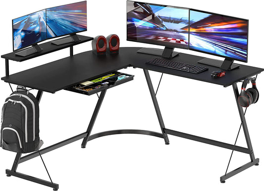 Vista L-Shape Desk with Monitor Stand, Black