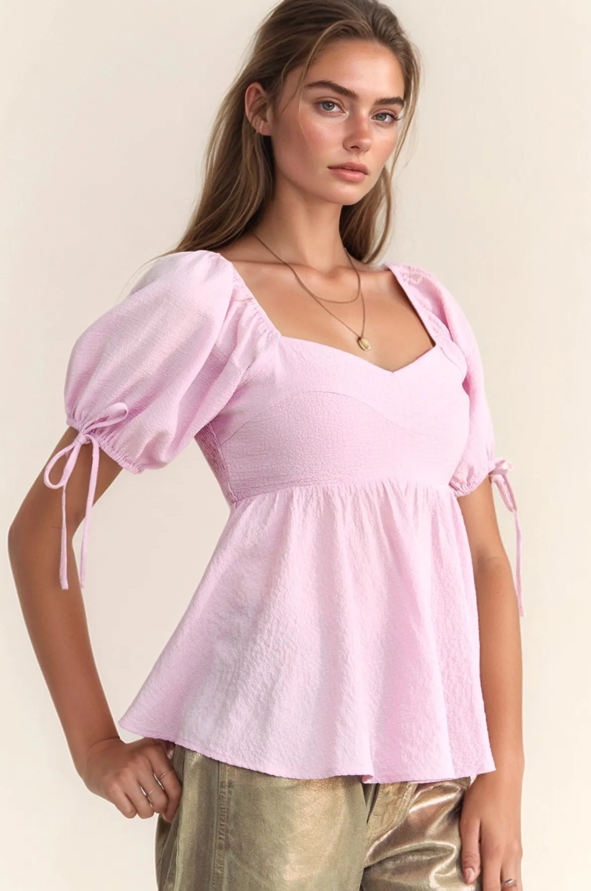 Davi & Dani Solid Elastic Peplum Puffed Sleeves Blouse