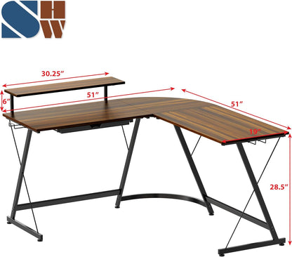 Vista L-Shape Desk with Monitor Stand, Walnut