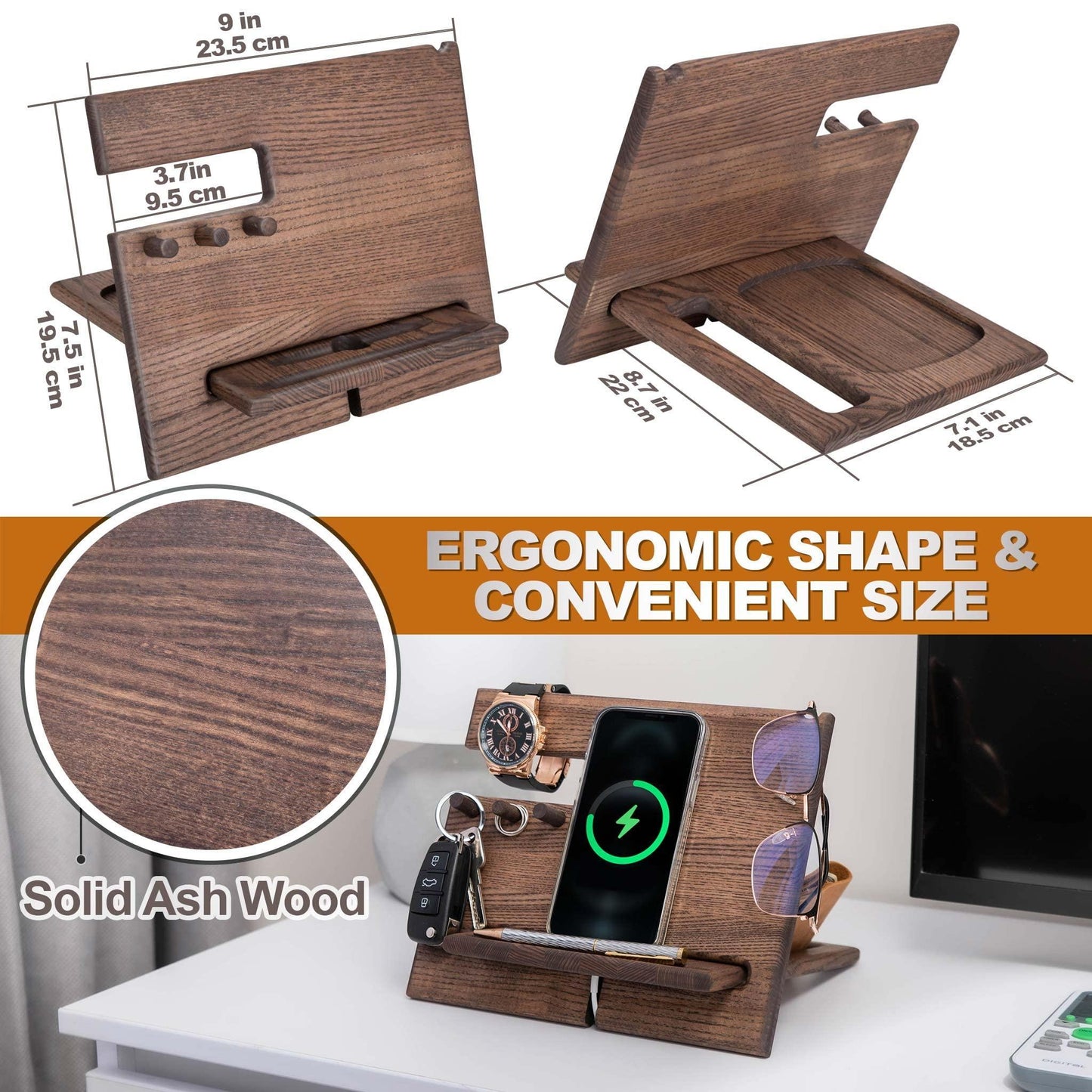Wood Phone Docking Station Ash Hooks Key Holder Wallet Stand Watch
