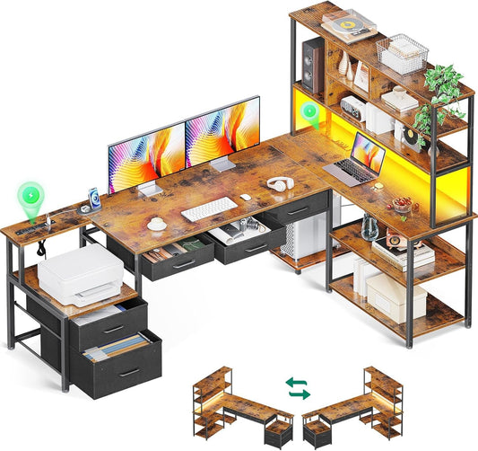79 Inch L Shaped Desk with File Drawers, Reversible L Shaped Gaming