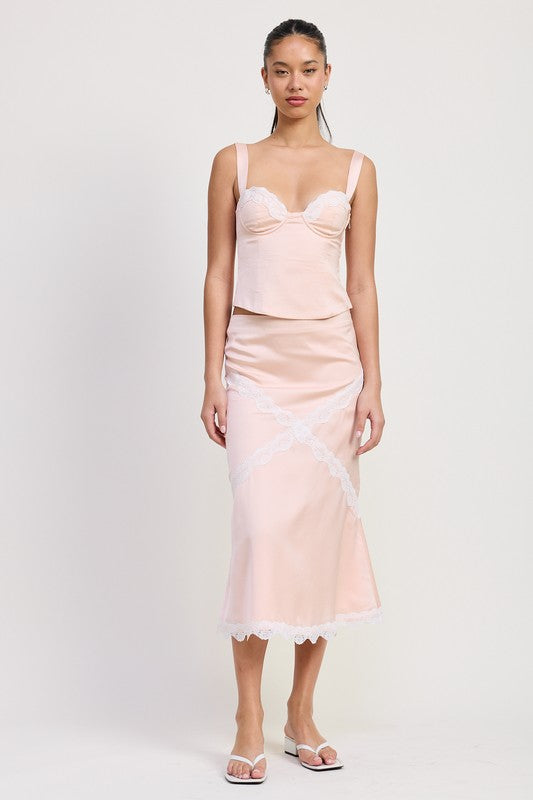 SATIN BUSTIER TOP WITH LACE DETAIL