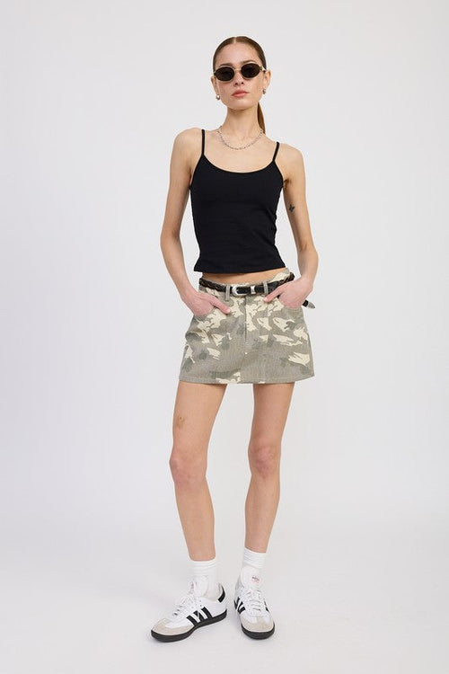 BELTED MINI CAMO SKIRT