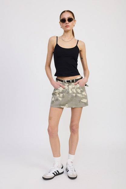 BELTED MINI CAMO SKIRT