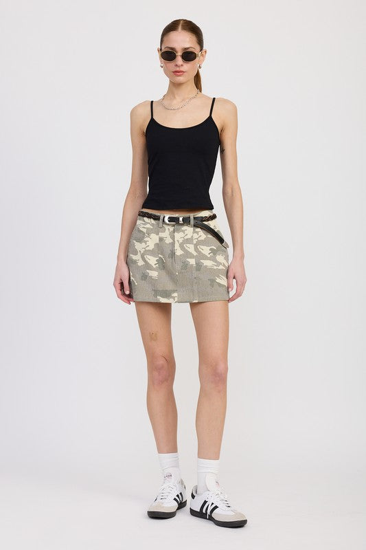 BELTED MINI CAMO SKIRT