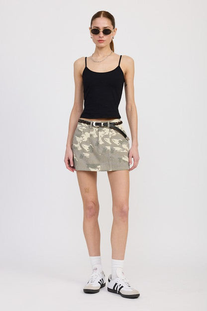 BELTED MINI CAMO SKIRT