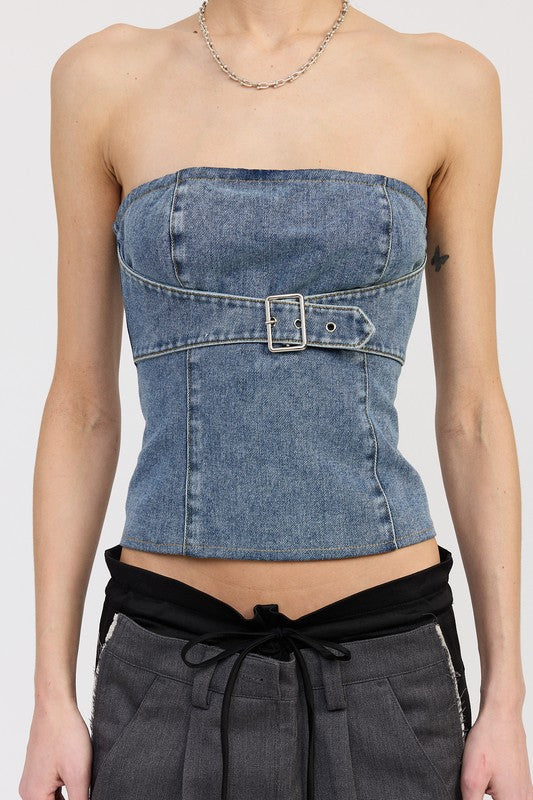 DENIM BUSTIER WITH BUCKLE