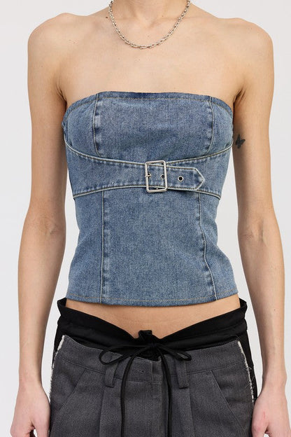 DENIM BUSTIER WITH BUCKLE