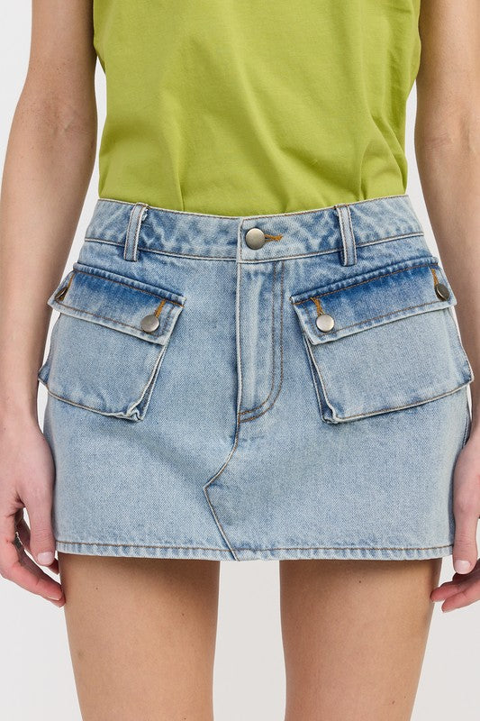 LOW WAIST DENIM MINI SKIRT WITH POCKETS