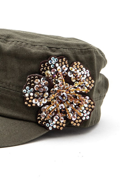 Beaded 3D Flower Statement Cadet Cap