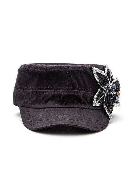Beaded 3D Flower Statement Cadet Hat