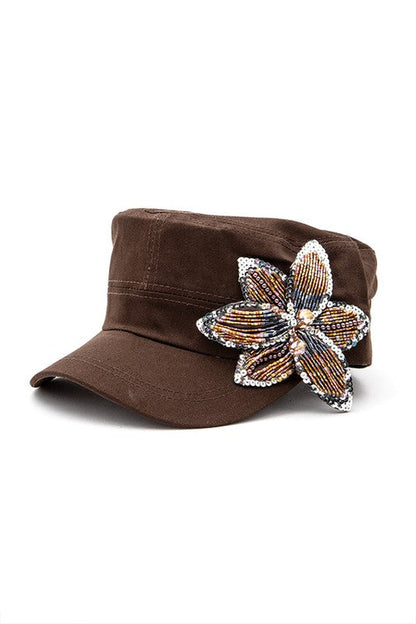 Beaded 3D Flower Statement Cadet Hat