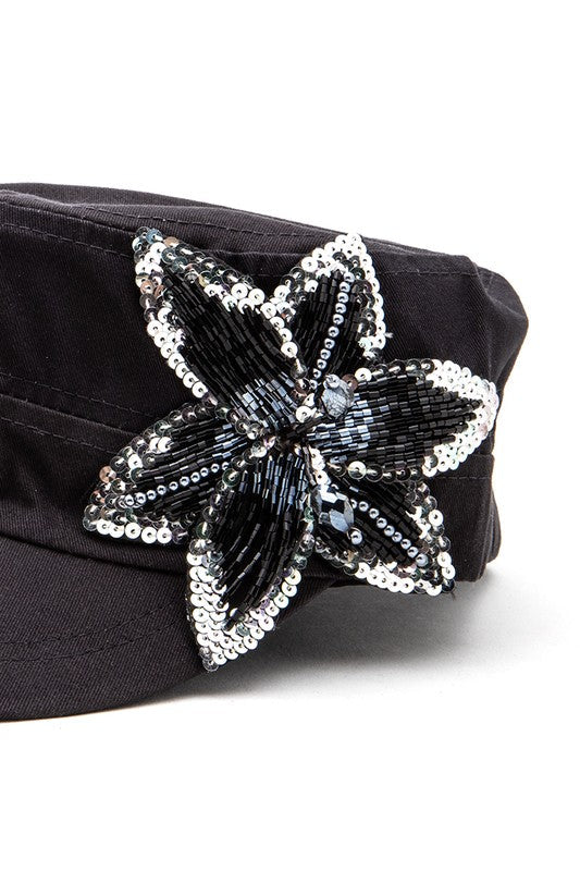 Beaded 3D Flower Statement Cadet Hat