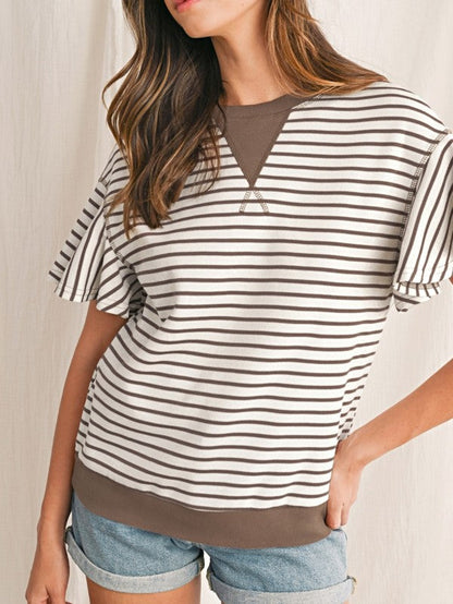 Striped Ruffle Sleeve Round Neck Cotton Top