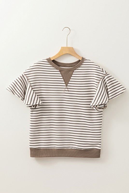 Striped Ruffle Sleeve Round Neck Cotton Top