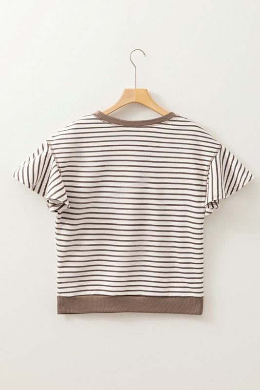 Striped Ruffle Sleeve Round Neck Cotton Top
